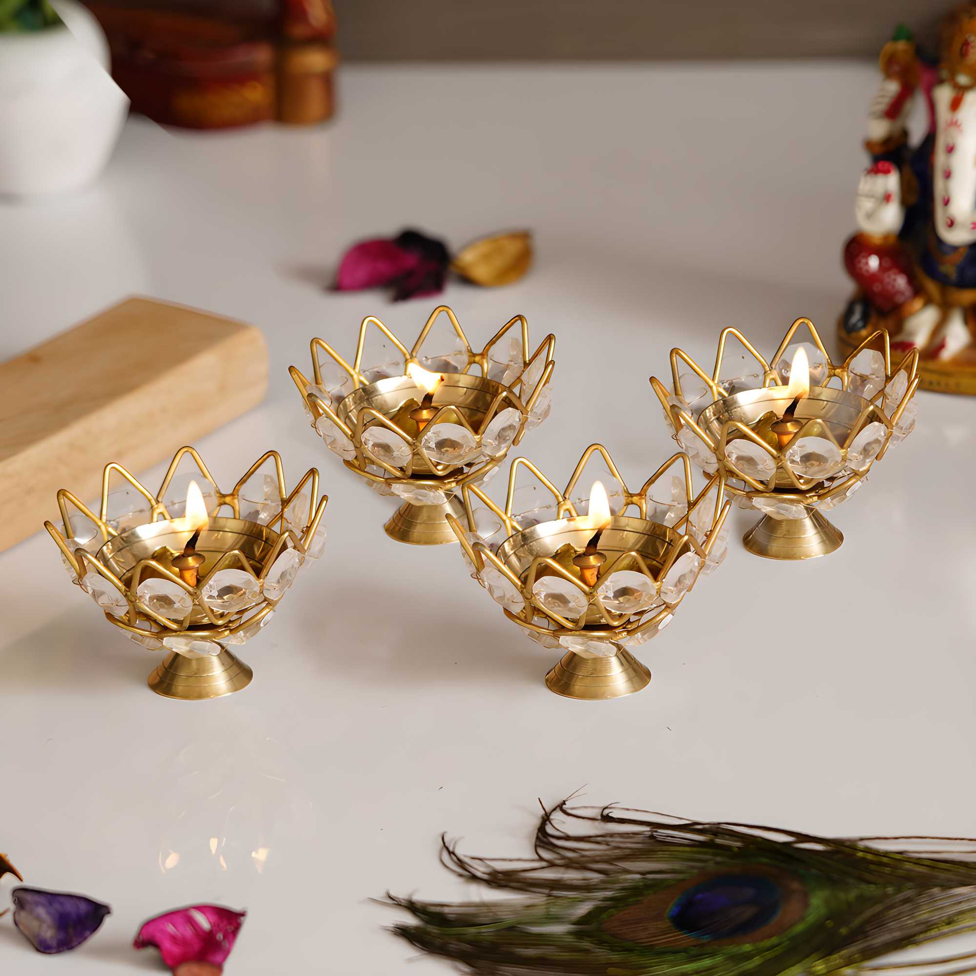 ECraftIndia Set of 4 Lotus Shape Crystal Tea Light Holder